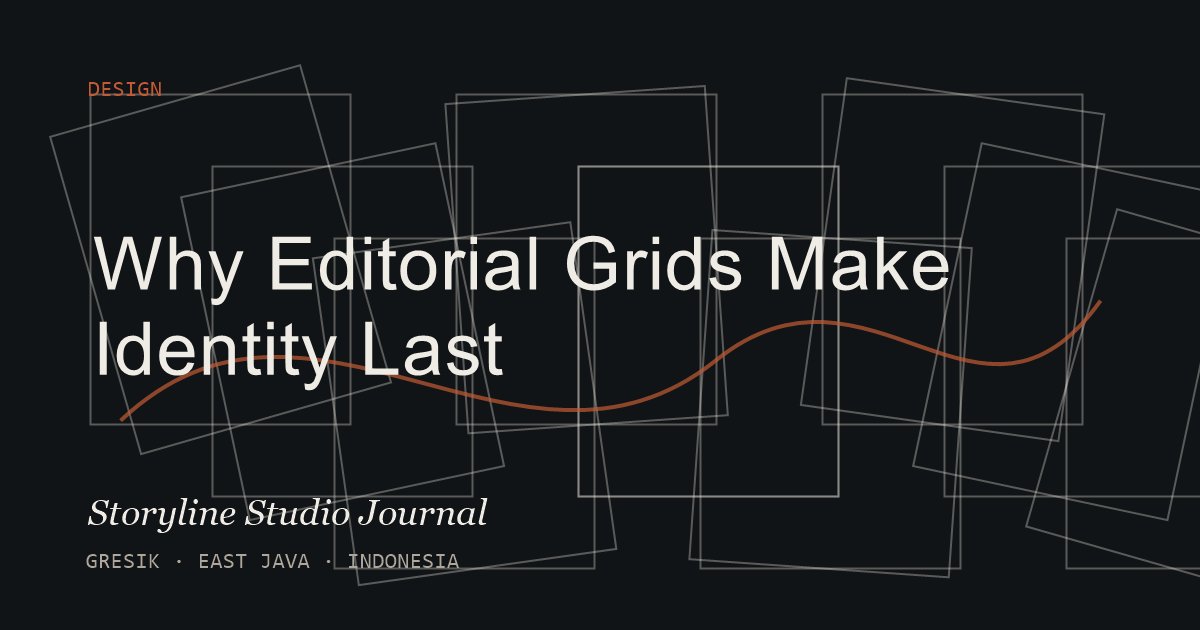 Editorial grid poster for a design article about identity systems